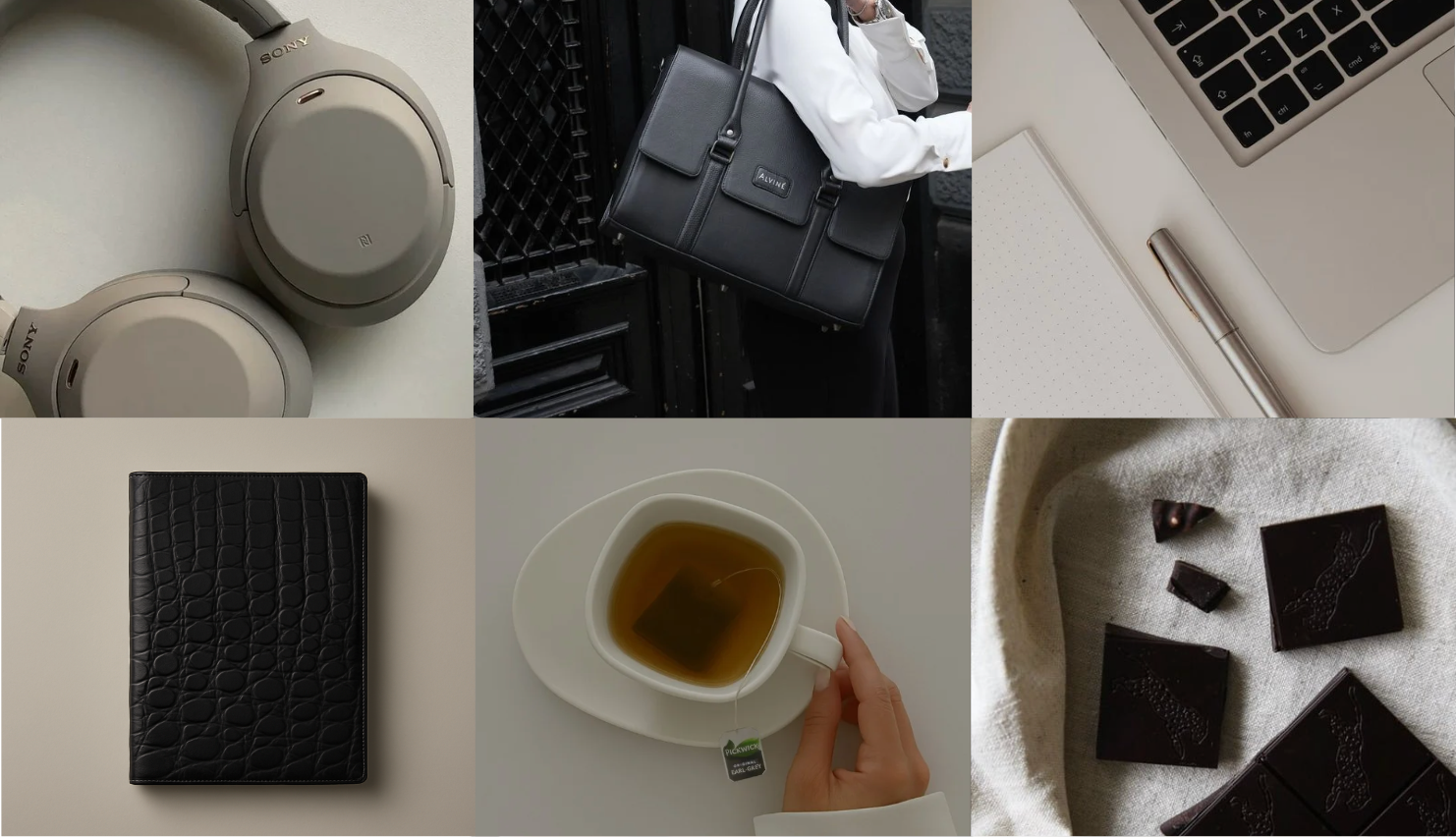 Vickie Westens værktøjer i hverdagen, vist i en matrix med følgende items: Høretelefoner, CC Arbejdstaske fra ALVINÉ, laptop, Planner i sort krokodillestruktur fra ALVINÉ, the og energisten