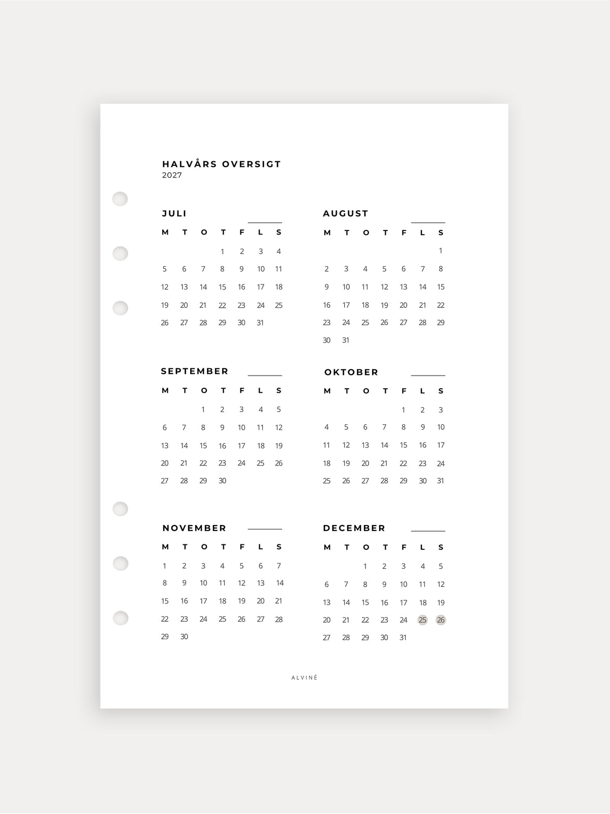 Daily Schedule 2027 - 2. Halvår