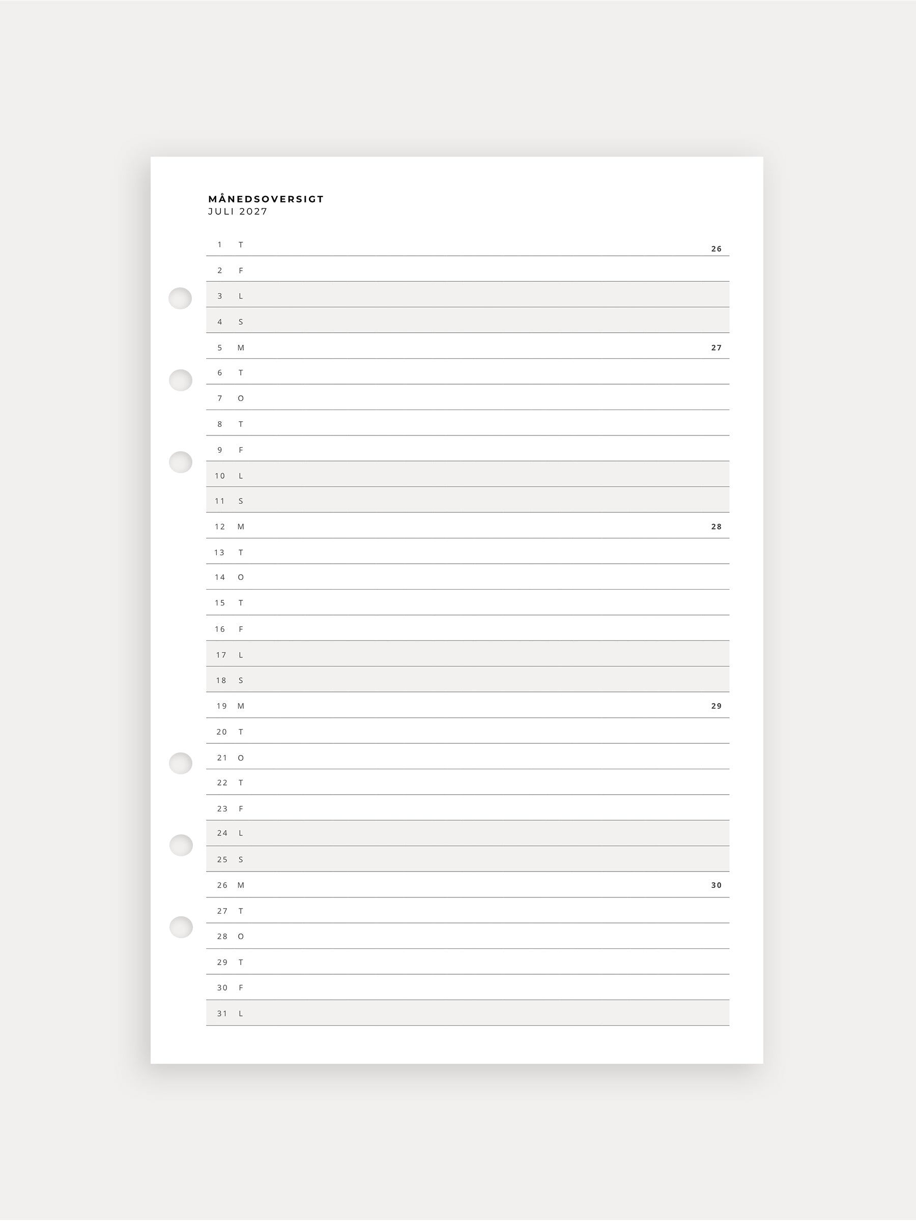 Daily Schedule 2027 - 2. Halvår